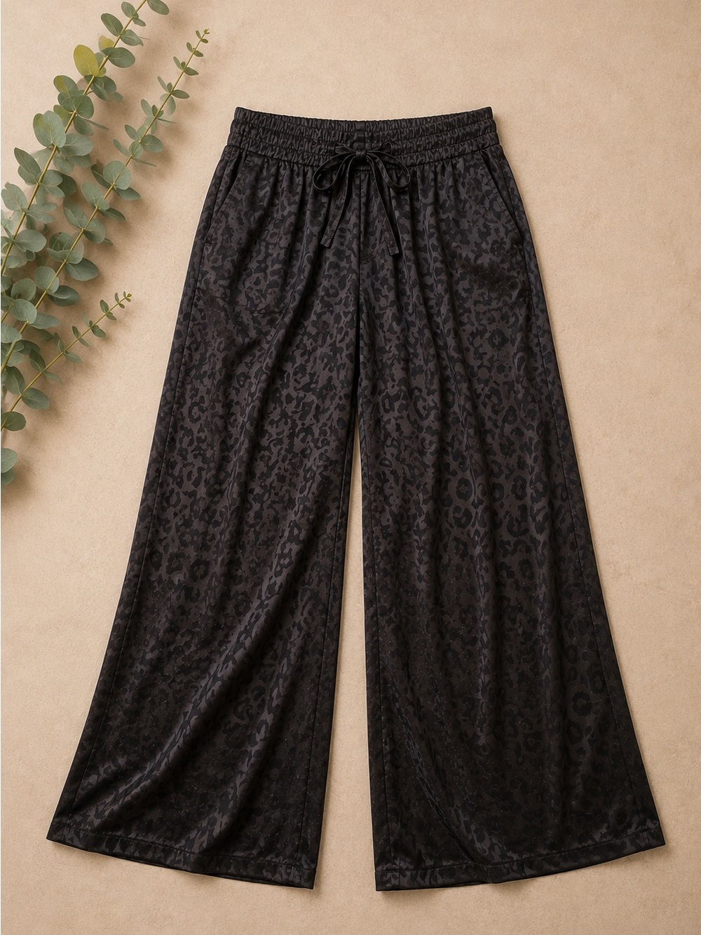 Shoulder Black Textured Leopard Wide Leg Crop Pants Tie Waist Pull On